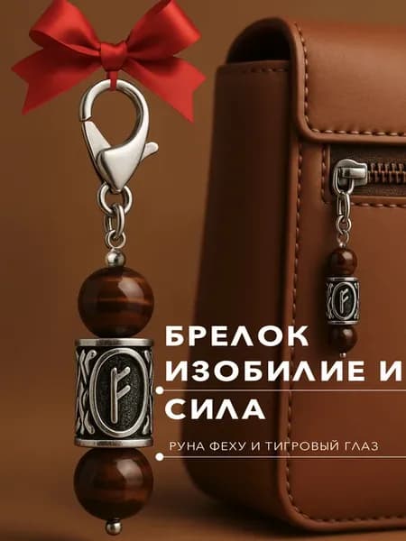 Брелок с руной Феху и натуральным тигровым глазом