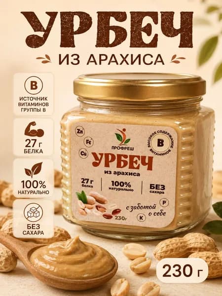 Урбеч из арахиса. Натуральный. Без добавления сахара, ПРОФРЕШ Источник белка, магния, калия, витамина Е, витаминов B3 B6