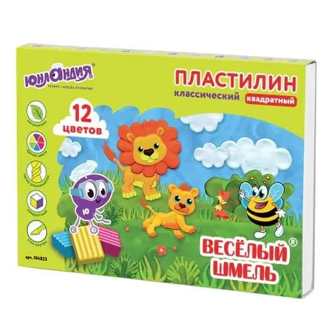 Пластилин классический юнландия весёлый шмель, 12 цветов, 204 г, со стеком, квадратный, ,(набор из 1 шт)