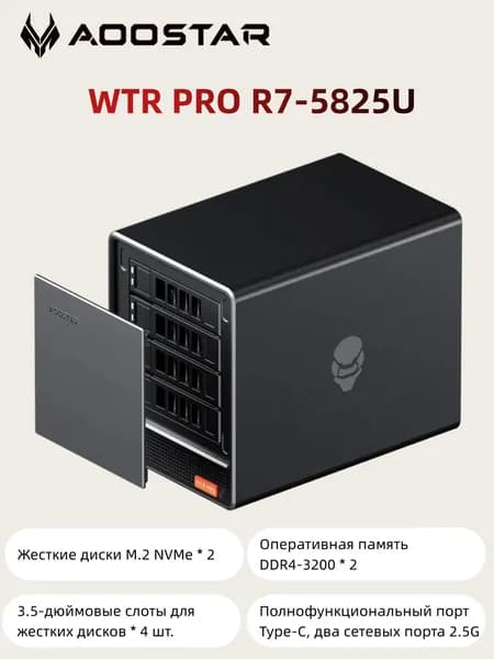 Мини-ПК AOOSTAR WTR PRO R7-5825U (AMD Ryzen 7 5825U, RAM Отсутствует, AMD Radeon Graphics, Без ОС), черный матовый