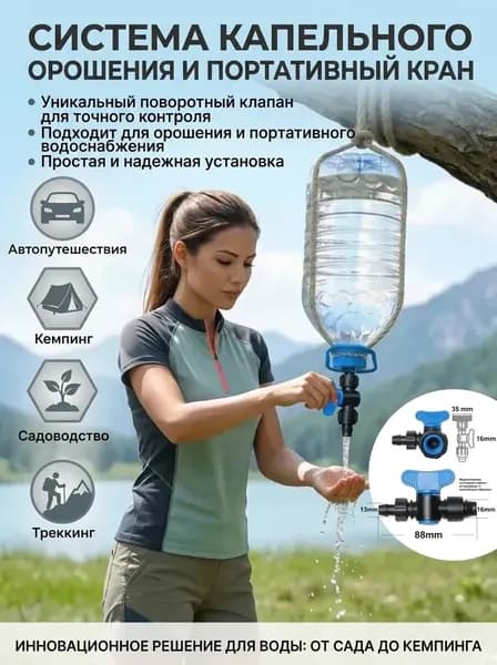 Компактный универсальный рукомойник: кран-насадка на бутылку с водой 0.5-5л, туристический рукомойник-кран для