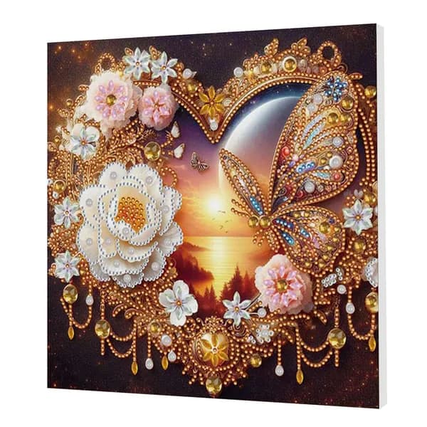 Диамантная картина Сердце и цветы с рамкой, 25 25 см, круглые/фигурные/жемчужные стразы