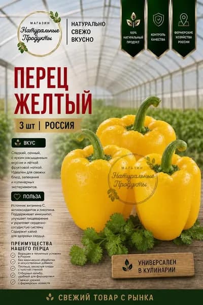 Перец желтый сладкий, 3 шт, РФ крупный, мясистый, для салатов и запекания
