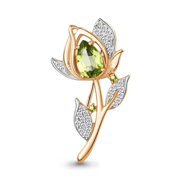 Брошь из золочёного серебра DIAMANT-ONLINE с фианитом и хризолитом 925 пробы
