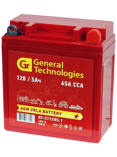 Аккумулятор для мототехники General Technologies AGM 5A/h 12V 120x61x129 (GT-CT1205.1) 12N5-3B, YB5L-B для мотоцикла, мопеда, скутера, питбайка
