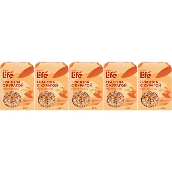 Гранола Лента Life овсяная с курагой без сахара 400 г, набор: 5 штук