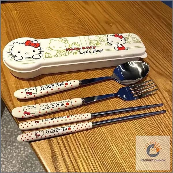 Hello Kitty Набор столовых приборов (вилка, ложка, палочки для еды) - Детский набор из нержавеющей стали, необходимый для путешествий и дома