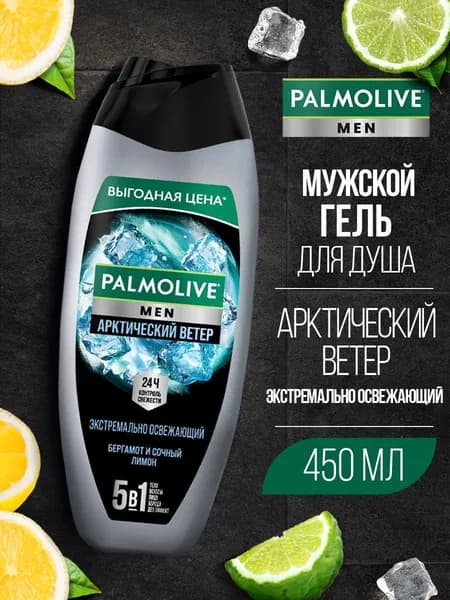 Парфюмированный гель для душа Palmolive Мужской /Men Арктический Ветер Экстремально Освежающий 5 в 1, 450 мл