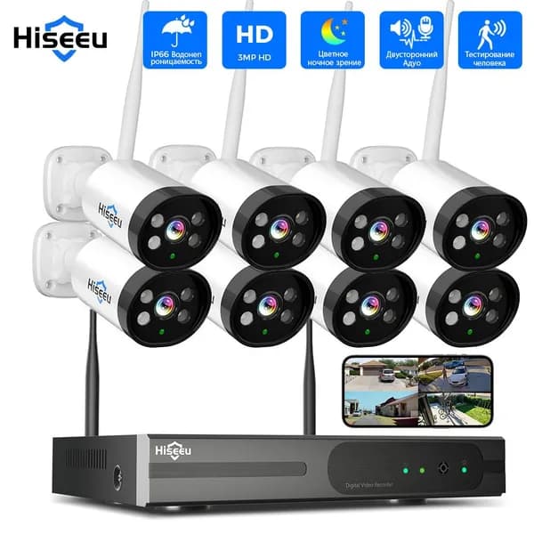 Hiseeu Беспроводной комплект видеонаблюдения уличная, 16CH NVR Набор, 3MP 8 IP-камера, Пластиковая система безопасности камеры,Без жесткого диска, одностороннее аудио, ночное видение, P2P