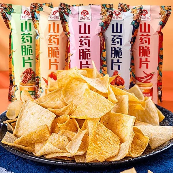 Хрустящие чипсы из ямса Haochi Dao, смесь вкусов (пекинский барбекю, томатный, острый и др.), упаковка 3 шт.