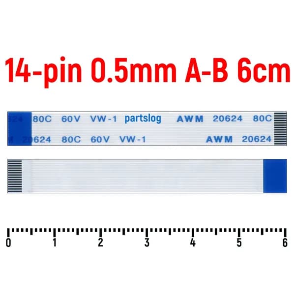 FFC Шлейф 14-pin Шаг 0.5mm Длина 6cm Обратный A-B AWM 20624 80C 60V VW-1