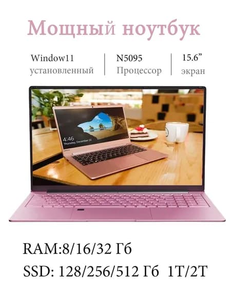 Игровой ноутбук 15.6", Intel Celeron N5095, RAM 8 ГБ, SSD 256 ГБ, Intel HD Graphics, Windows Home, розовый, Русская раскладка