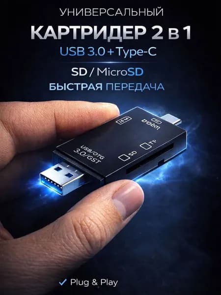 Картридер USB / Type-C 3 в 1 для microSD, SD карт, OTG адаптер