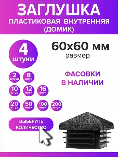 Заглушки для профильной трубы 60х60 мм Домик, 4 штуки