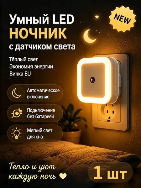 Светодиодный ночник в розетку с датчиком света, для спальни, коридора, туалета, энергосберегающий