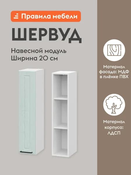 Кухонный модуль навесной, шкаф Шервуд с доводчиками, с полками, 20х29.6х91 см, Белый / Деним голубой