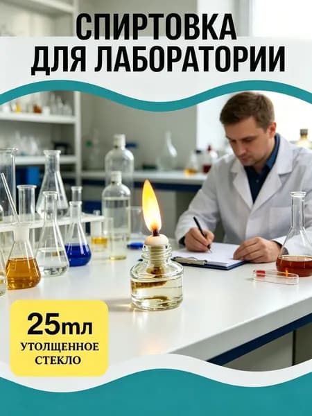 Спиртовка 25 мл лабораторная стеклянная, с колпачком и фитилем, малая вместительность для точных работ