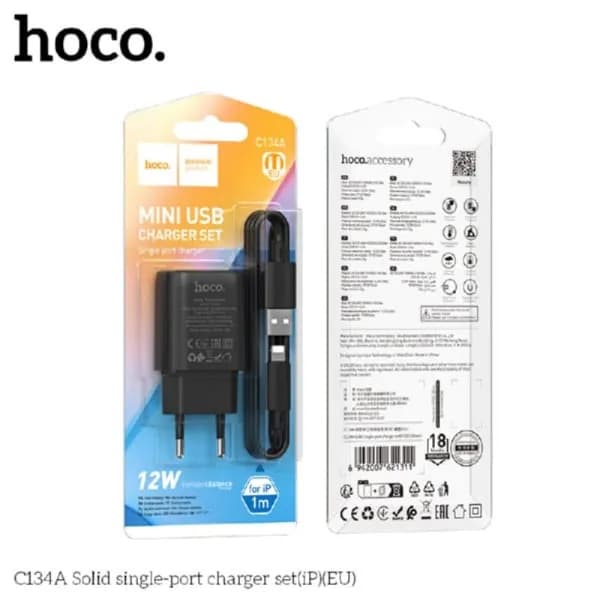 СЗУ-USB Lightning HOCO C134A 1м, 2.4A, 12W, Black 6942007621311