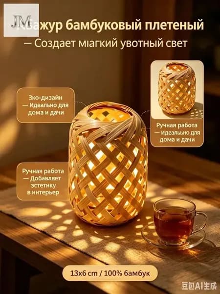 Абажур бамбук для светильника, плетеный плафон 13х6 см - Миниатюрная модель для люстры и настольной лампы, ЭКО декор в стиле сканди и ваби-саби для дома и дачи.