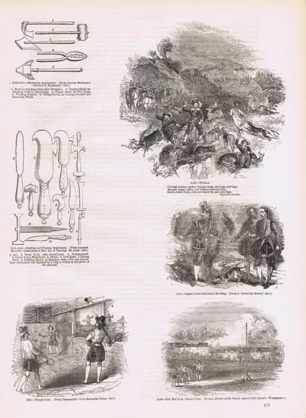 Старая Англия 299. Охота с гончими и соколиная, спорт и игры (теннис и Пэлл-Мэлл), орудия земледельцев и виноградарей. Антикварная гравюра (ксилография). Англия, 1864 год