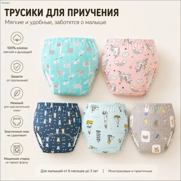 Тренировочные трусики для приучения к горшку, хлопковые, многоразовые, 1 шт.
