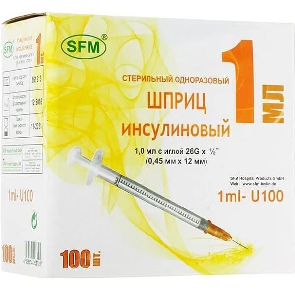 Шприц инсулиновый 3-х компонентный с иглой 26G U100 SF 0,45х12мм 1мл 100шт