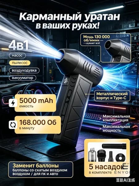 Турбовентилятор X3 мощная воздуходувка 130 000 об/мин - портативная мини камера для продувки ПК, сушки авто и очистки от пыли, беспроводной сжатый воздух