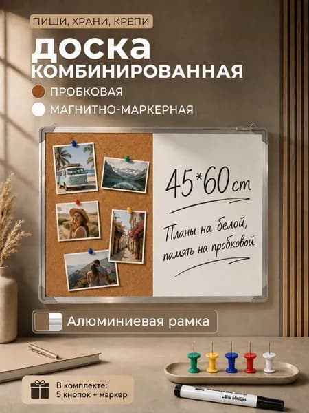 Доска комбинированная с магнитная маркерная настенная 45*60 см, двусторонняя доска для записей и рисования, пробковая на стену для объявлений, алюминиевая рамка