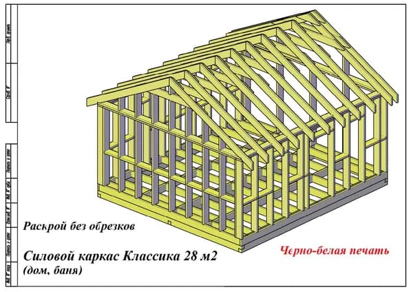 Раскрой без обрезков. Силовой каркас Классика 28 м2 (6х5,4 метра). Проект дома, бани.