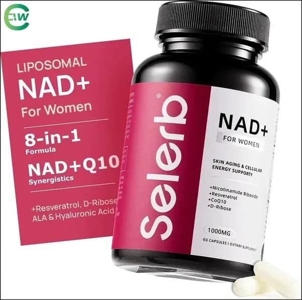 Nad+ Пищевая добавка для женщин, содержащая липосомальный никотинамидный нуклеозид, транс-ресвератрол и коэнзим Q10 для стимулирования обновления клеток. 60 капсул.