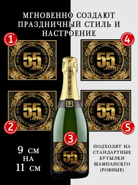 Наклейки на бутылки шампанского на юбилей 55 лет