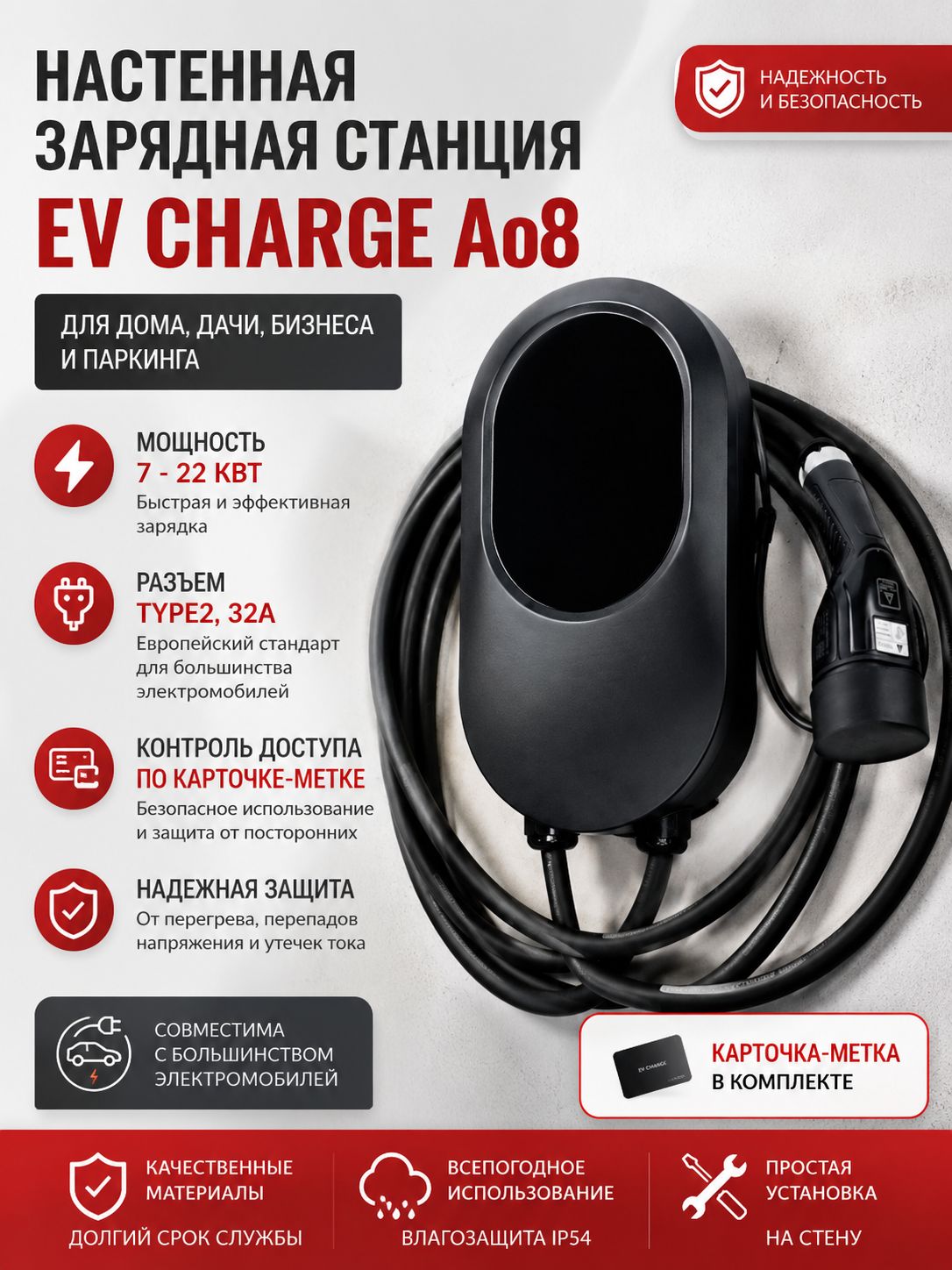 Зарядная станция для электромобиля EV CHARGE A08 Type 2 32A 7 22 кВт RFID IP54