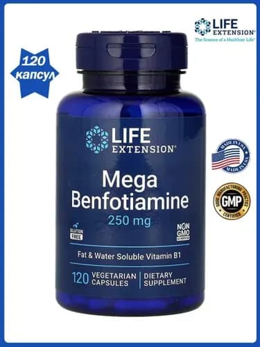 Life Extension,Мега-бенфотиамин,Mega Benfotiamine,Здоровый обмен глюкозы,250 мг, 120 капсул