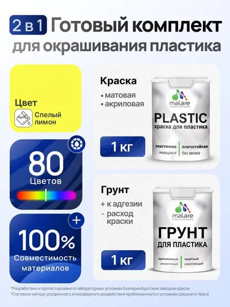 Комплект Malare для окрашивания пластика (1кг грунт + 1 кг краска), акриловый, без запаха, быстросохнущий, матовый, цвет спелый лимон