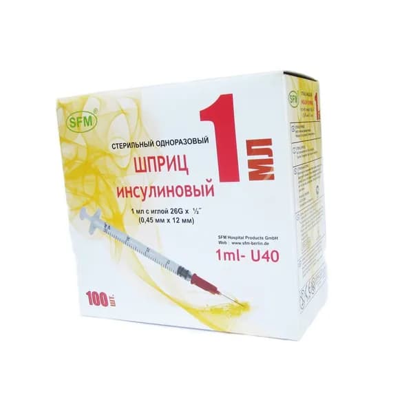 Шприц инсулиновый 1мл U40 с иглой 26G 0,45x12 SFM N100