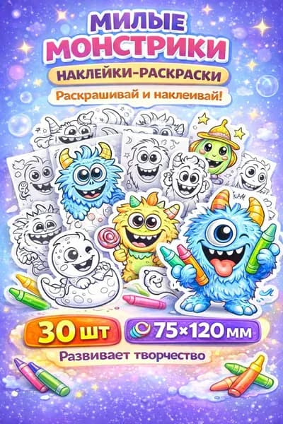 Набор наклеек-раскрасок монстрики 30 штук, 7.5*12 см. Стикеры раскраски в виде милых монстриков