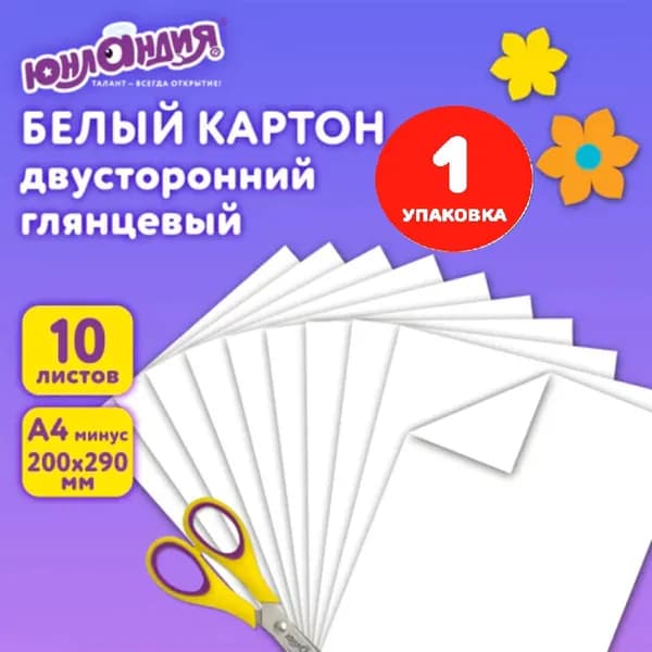 Картон белый А4 МЕЛОВАННЫЙ (белый оборот), 10 листов, в папке, 200х290 мм (1 упаковка)