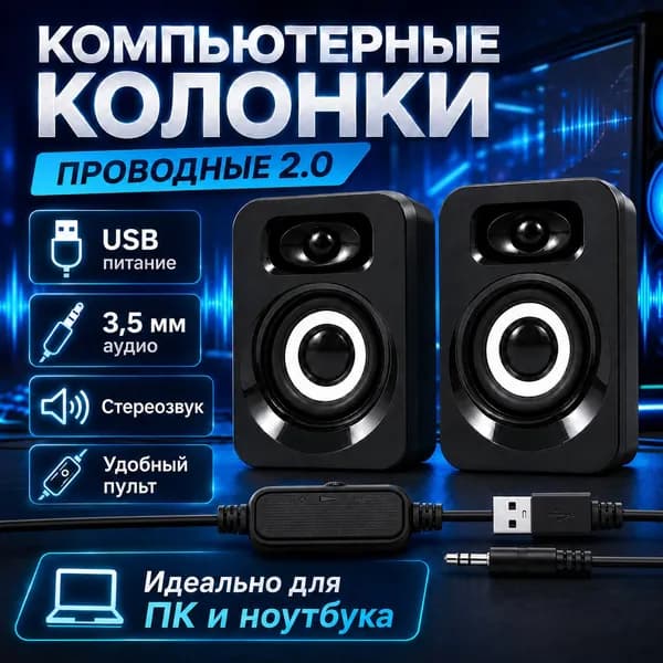Колонки для компьютера 2.0, 6 Вт, AUX 3,5 мм, питание от USB, чёрные