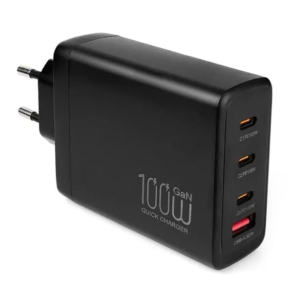 Блок питания GaN 100W 220V--> 1*USB(A)+3*Type-C, PD, черный