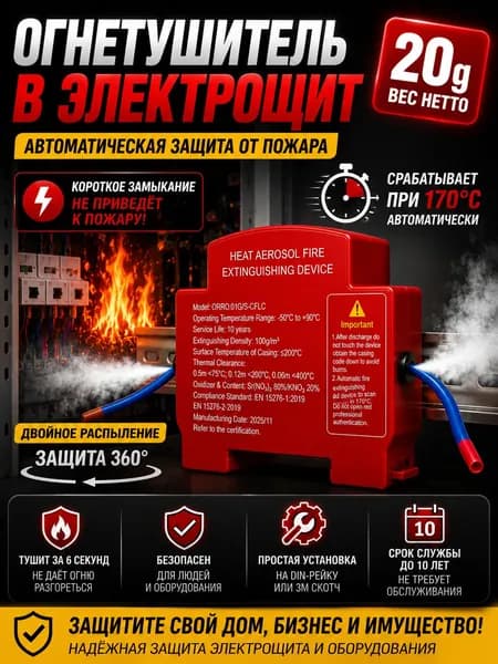 Огнетушитель в электрощит автоматический, аэрозольный огнетушитель на DIN рейку 20 г, защита электрощита от возгорания, самосрабатывающий пожарный модуль