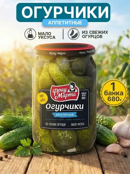 Огурчики "Аппетитные" Фрау Марта 680 гр, 1 шт