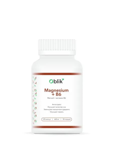 Магний + В6 (Magnesium + B6) 640 мг, БАД для борьбы со стрессом и усталостью, успокоительное, Magnesium Citrate, Oblik, 120 капсул