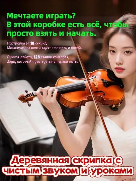 Скрипка 4/4 для начинающих с механическими колками, USB-видеоуроками и полным комплектом аксессуаров, деревянная, ручной работы.