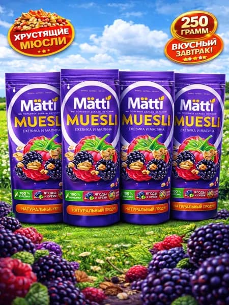 мюсли запеченные с Ежевикой и малиной Matti 4шт по 250г