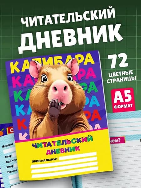 Читательский дневник школьника на 33 книги Капибара. Канцелярия для девочки, для мальчика. Товары для школы 1 2 3 4 класс.