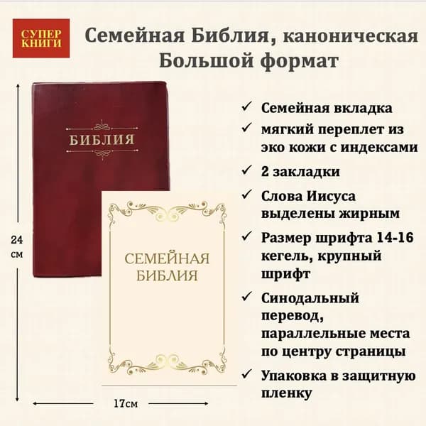 Библия Семейная. Большой формат. 076ti код 25076-9. Мягкий переплет из эко кожи с индексами, цвет бордо, 170x240 мм