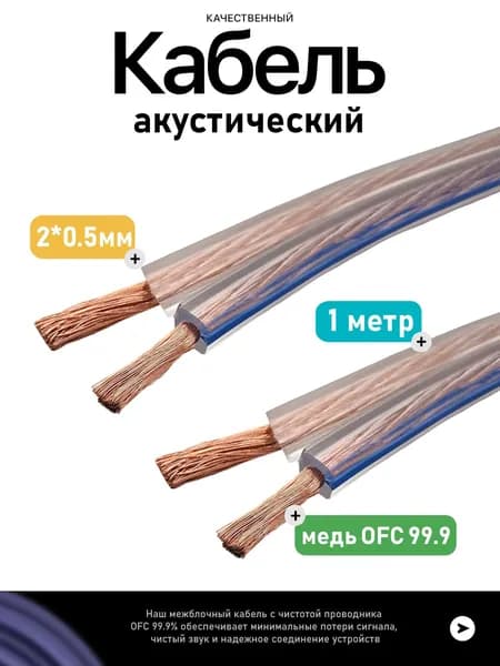 Кабель акустический 2х0,5 мм , 1 метр, бескислородная OFC медь, прозрачная изоляция