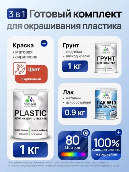 Комплект Malare для окрашивания пластика (1кг грунт + 1 кг краска + 0.9кг лак), акриловый, без запаха, быстросохнущий, матовый, цвет кирпичный