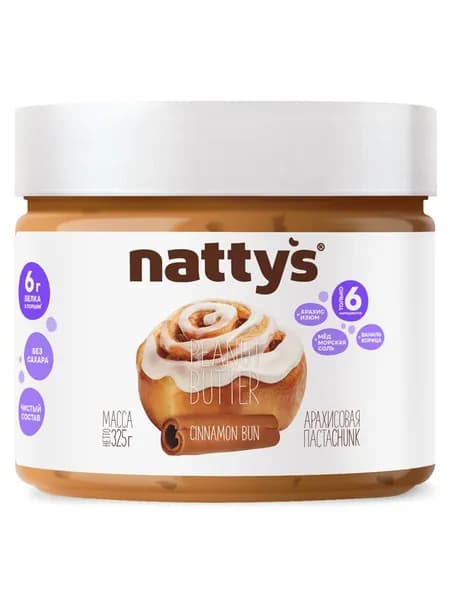 Nattys Арахисовая паста без сахара "Булочка с корицей", 325 гр
