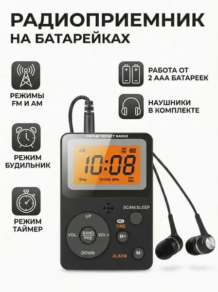 Радиоприемник на батарейках с часами
